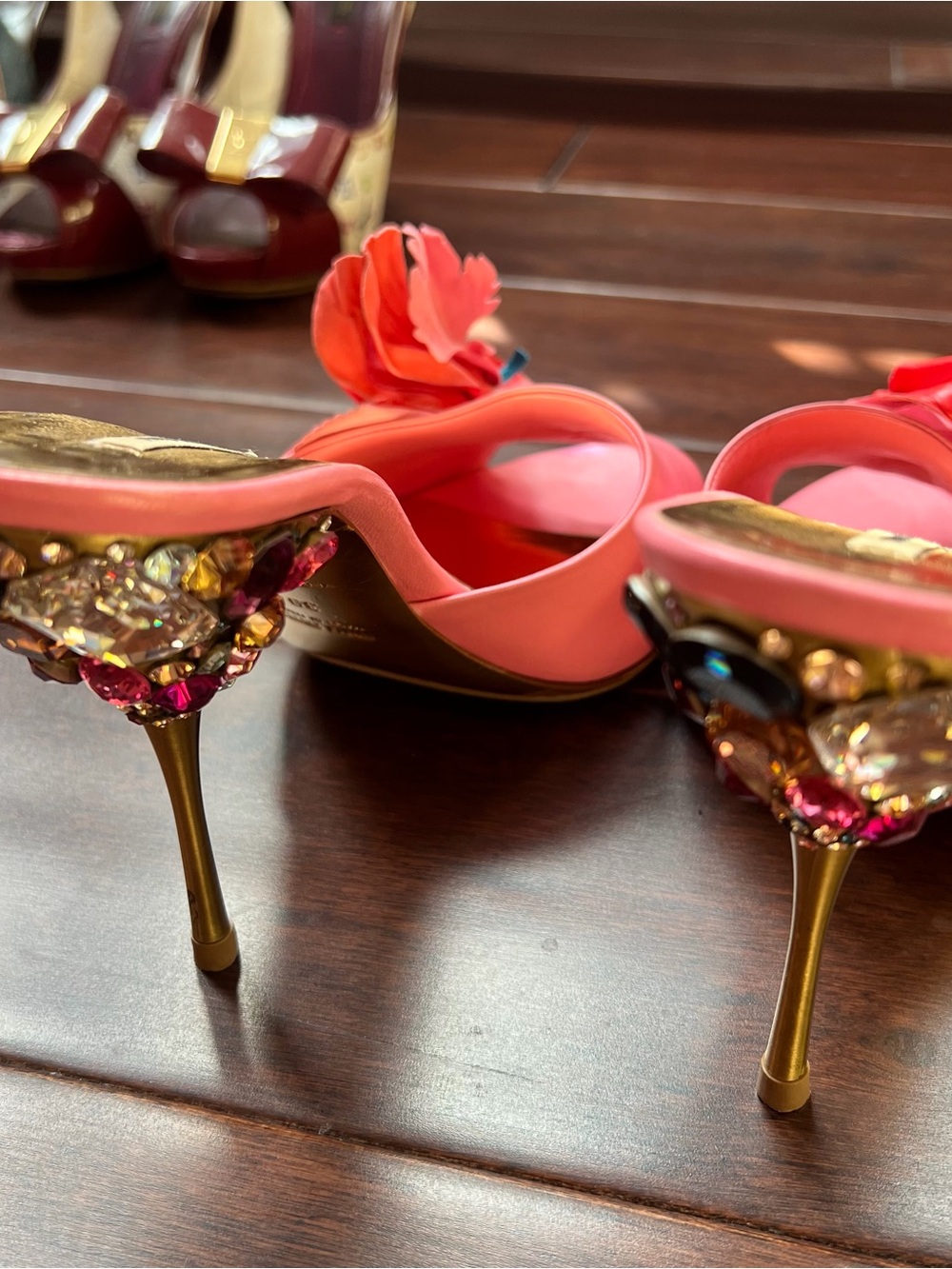 Miu Miu Pink Floral Jewel-Embellished Sandal Heels - Picture 5 of 8